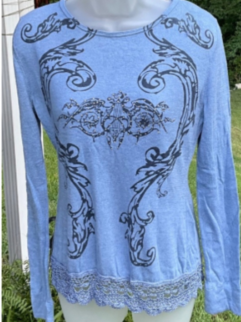 One World • Dusty Blue Embroidered Lace Tunic • Size L